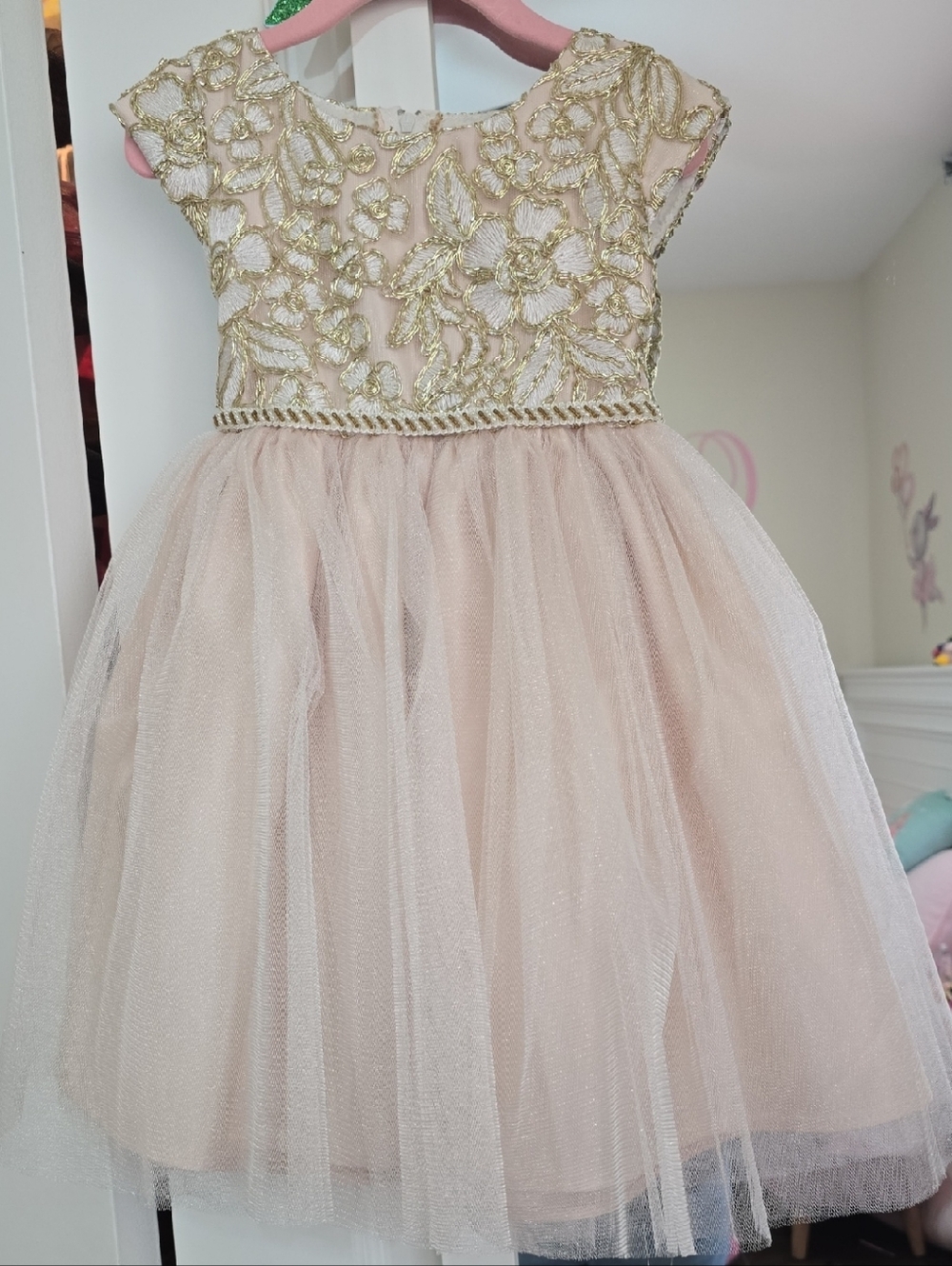 Girls' Cream & Gold Embroidered Tulle Party Dress